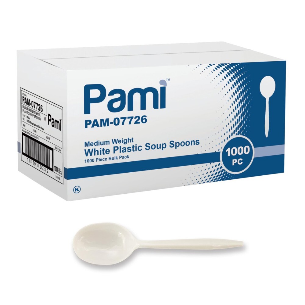 PAMI 1000 Plastic Soup Spoons Bulk Disposable White Medium Weight Durable Single-Use Cutlery for Parties Catering Food Service