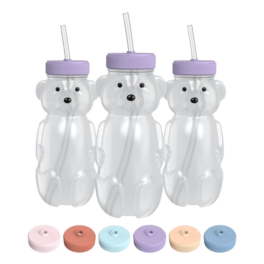 The 730 Project Honey Bear Straw Cup for Babies, 8-oz Honey Bear Cup with Lid, 3-Pack Therapy Learning Honeybear Straw, Baby Bottle Set, Unicorn PURPLE