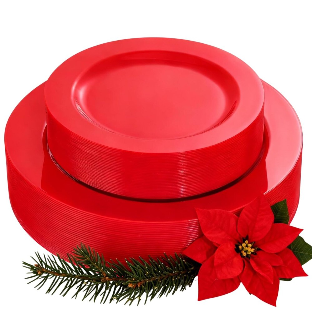 FLOWERCAT 60PCS Red Plastic Plates - Heavy Duty Red Plates Disposable for Party - Include 30PCS 10.25inch and 30PCS 7.5inch for 30 guests Party & Christmas & New Year