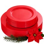 FLOWERCAT 60PCS Red Plastic Plates - Heavy Duty Red Plates Disposable for Party - Include 30PCS 10.25inch and 30PCS 7.5inch for 30 guests Party & Christmas & New Year