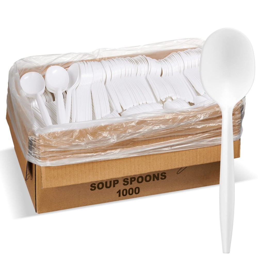 1,000 Plastic Disposable Soup Spoons Bulk White Medium Weight Disposable Silverware Plastic Cutlery Spoons