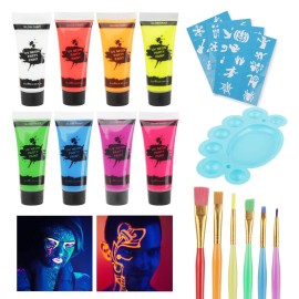 UV Blacklight Neon Face Body Paint, MEICOLY 8 Tubes Blacklight Reactive Paints,Water Based, Washable, Non-Toxic Neon Party Supplies for Halloween,02