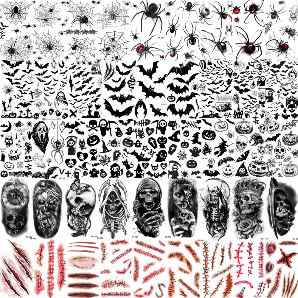 TASROI 236+ PCS 45 Sheets Halloween Temporary Tattoos For Kids Zombie Makeup Kits 3D Bats Spider Web Witch Small Black Ghost Pumpkin Face Stitches Fake Scar Tattoo Stickers For Women Adult Men Skull