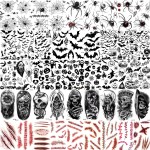 TASROI 236+ PCS 45 Sheets Halloween Temporary Tattoos For Kids Zombie Makeup Kits 3D Bats Spider Web Witch Small Black Ghost Pumpkin Face Stitches Fake Scar Tattoo Stickers For Women Adult Men Skull