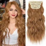 KooKaStyle Clip in Synthetic Hair Extensions Long Wavy 4PCS Thick Hairpieces Auburn Brown Fiber Double Weft Natural Hair Extensions 20 Inch for Women