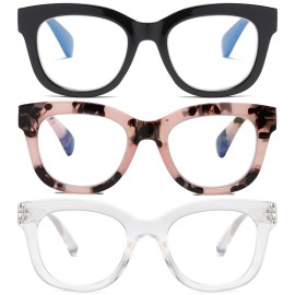 ZXYOO Oversized Reading Glasses for Women,3 Pack Blue Light Blocking Computer Spring hinge Readers +2.00