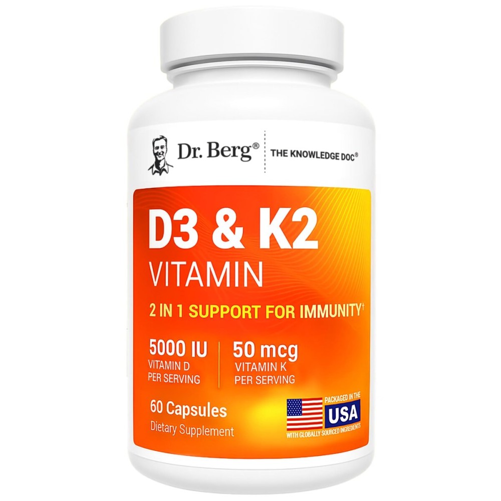Dr. Berg Maximum Strength 2-in-1 Vitamin D3 K2 5000 IU | Naturally Derived D3 | 4X Lab-Tested & Verified | High Absorption Formula | K2 D3 Vitamin Supplement - 60 Capsules