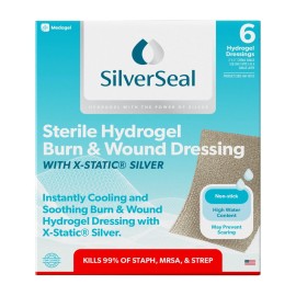 SilverSeal Burn and Wound Dressing, Hydrogel Pads with X-Static Silver, Soothing, Moist & Protective for Burns, Cuts & Wounds, 2 x 3 Sterile Dressings, 6 Count