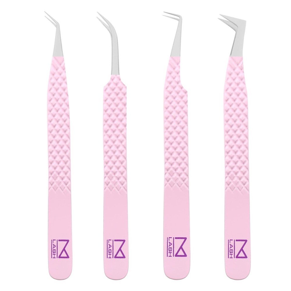 M LASH Tweezers for Eyelash Extensions (Set of 4) - Professional Lash Extension Tweezers - Fiber Tip, Japanese Steel, Diamond Grip Eyelash Extension Tweezer set (Lilac)