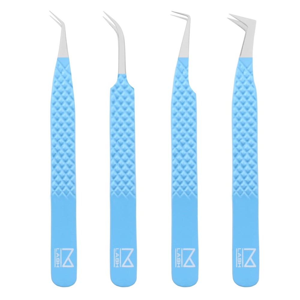 M LASH Tweezers for Eyelash Extensions (Set of 4) - Professional Lash Extension Tweezers - Fiber Tip, Japanese Steel, Diamond Grip Eyelash Extension Tweezer set (Teal)