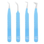 M LASH Tweezers for Eyelash Extensions (Set of 4) - Professional Lash Extension Tweezers - Fiber Tip, Japanese Steel, Diamond Grip Eyelash Extension Tweezer set (Teal)
