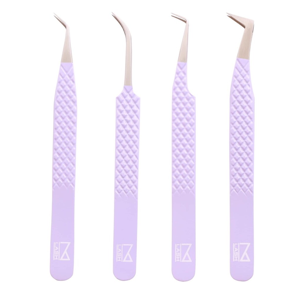 M LASH Tweezers for Eyelash Extensions (Set of 4) - Professional Lash Extension Tweezers - Fiber Tip, Japanese Steel, Diamond Grip Eyelash Extension Tweezer set (Digital Lavender)