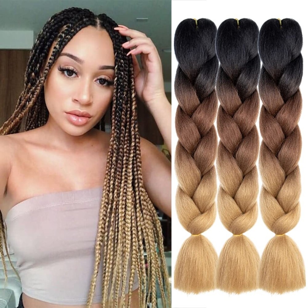 AFNOTE Ombre Brown Braiding Hair Extensions 24 Inch 3 Packs Synthetic High Temperature Jumbo Braiding Hair Twist Crochet Braids Hair for Women(C14)