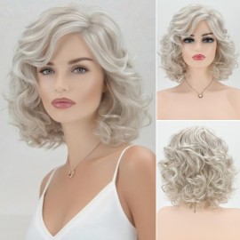 RENERSHOW Short Sliver Gray Curly Wigs for White Women Grey Mix Little Light Brown Wavy Bob Wig with Curtain Bangs Heat Synthetic Daily to Party Womens Wig