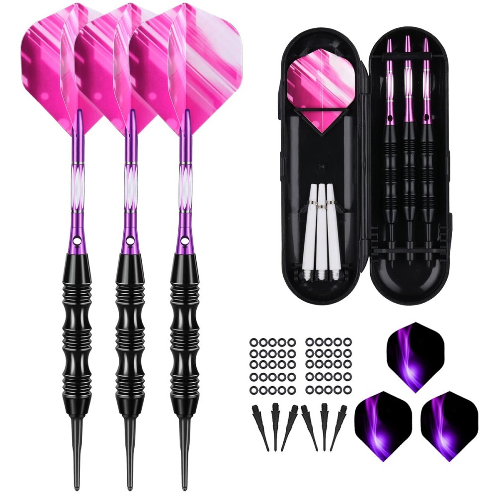 sanfeng Soft Tip Darts Set 20 Grams with Purple Aluminum Shafts Extra 50 Rubber O-Rings 30 Darts Plastic Tip 6 Standard Flights Slim Case for Electronic Dart Board