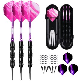 sanfeng Soft Tip Darts Set 20 Grams with Purple Aluminum Shafts Extra 50 Rubber O-Rings 30 Darts Plastic Tip 6 Standard Flights Slim Case for Electronic Dart Board