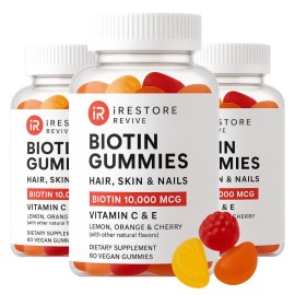 iRestore Hair Gummy Vitamins, Vegan Biotin Gummies for Hair Skin and Nails, Hair Growth Gummies for Women & Men, Biotin 10,000mcg, 3PK