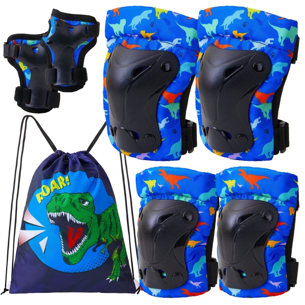 FIODAY Knee Pads for Kids Dinosaur Knee Elbow Pads Wrist Guards with Drawstring Bag Adjustable 7 in 1 Protective Gear Set for Boys Inline Skating Bike Cycling Skateboard Scooter, 3-8 Years, Blue