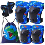 FIODAY Knee Pads for Kids Dinosaur Knee Elbow Pads Wrist Guards with Drawstring Bag Adjustable 7 in 1 Protective Gear Set for Boys Inline Skating Bike Cycling Skateboard Scooter, 3-8 Years, Blue