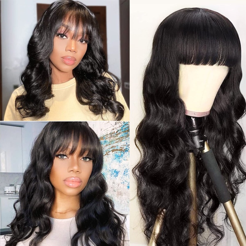 Lativ Body Wave Human Hair Wigs with Bangs None Lace Front Wigs 150% Density Glueless Machine Made Brazilian Virgin Human Hair Wigs for Black Women Natural Color(18 Inch, Body Wave)