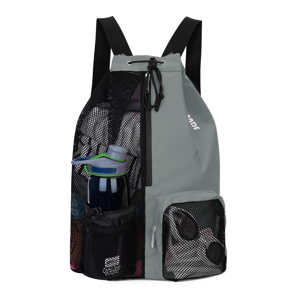 WANDF Swim Bag Mesh Drawstring Backpack with Wet Pocket Beach Backpack for Swimming, Gym, and Workout Gear (Grey)