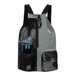 WANDF Swim Bag Mesh Drawstring Backpack with Wet Pocket Beach Backpack for Swimming, Gym, and Workout Gear (Grey)