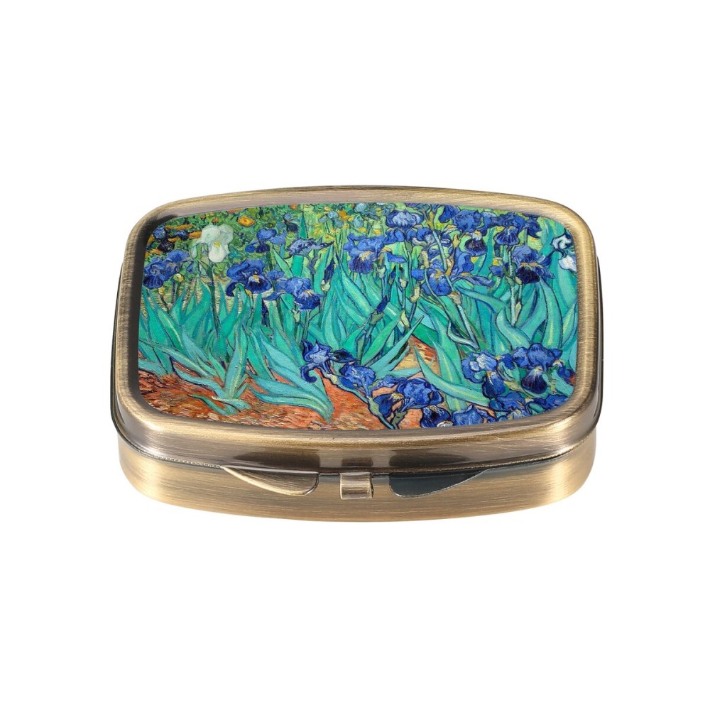 Dynippy Pill Case Pill Box with Mirror Retro Pocket 2 Compartment Medicine Case Vitamin Pill Organizer for Pocket Purse and Travel (A-Van Gogh Irises)