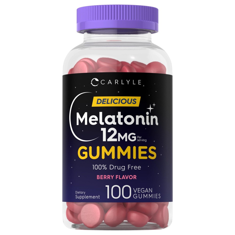 Carlyle Melatonin Gummies 12mg | 100 Count | Berry Flavor | Vegan Supplement | Non-GMO, Gluten Free