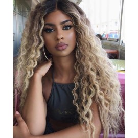 Fencca Ombre Blonde Long Curly Wigs for Women Heat Synthetic Curly Hair Wavy Full Wig Middle Part Natural Looking Wig