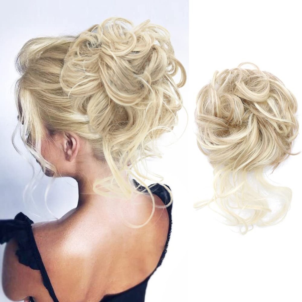 KETHBE Messy Bun Hair Piece Tousled Updo Hair Buns Extension Elastic Hair Band Hair Pieces Curly Hair Bun Scrunchie For Women (Pale Golden Blonde Mix Blonde)