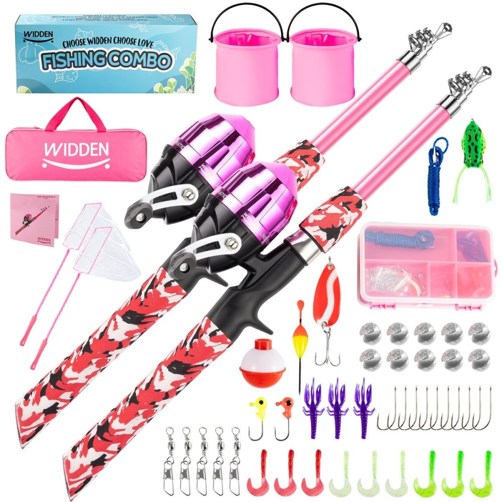WIDDEN Kids Fishing Pole, 2 Pack Kids Fishing Rod Portable Fishing Rod with Double-Layer Tackle Box, Fishing Line, Reel, Bucket, Net for Boy, Girl, Youth, Beginner Pink