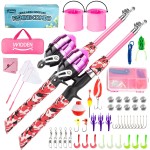 WIDDEN Kids Fishing Pole, 2 Pack Kids Fishing Rod Portable Fishing Rod with Double-Layer Tackle Box, Fishing Line, Reel, Bucket, Net for Boy, Girl, Youth, Beginner Pink
