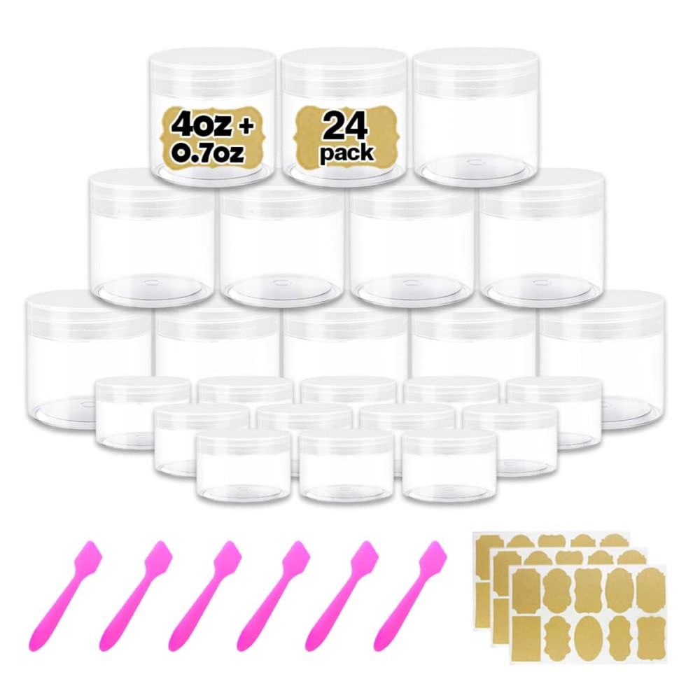 4 oz Clear Small Plastic Containers with Lids + 20g/20ml Small Containers with Lids (Set of 24) Cosmetic Sample Jar Plastic Jars - for Lip Scrub, Body Butters, Cream, Slime, Craft Storage