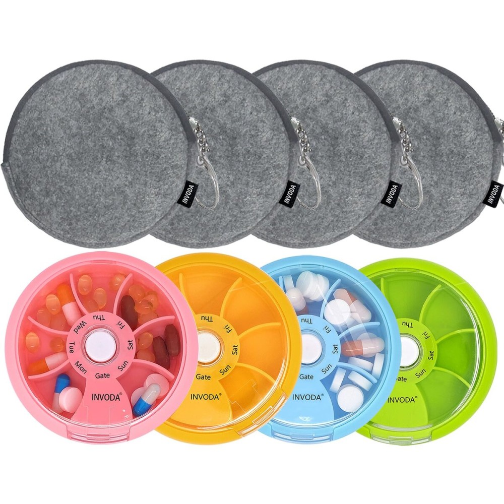 INVODA Weekly Pill Organizer 7 Compartment Rotating Pill Box for Daily Medication & Vitamins - Portable Travel Pill Case Fish Oil Supplements Vitamins Organizer (4 Pill Box+ 4 Bag)