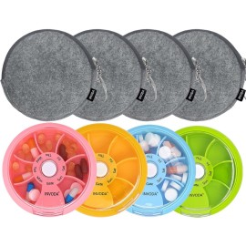 INVODA Weekly Pill Organizer 7 Compartment Rotating Pill Box for Daily Medication & Vitamins - Portable Travel Pill Case Fish Oil Supplements Vitamins Organizer (4 Pill Box+ 4 Bag)