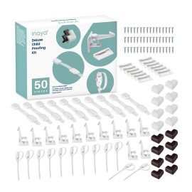 Inaya Complete 50pc Deluxe Baby Proofing Kit - Flexible Hidden Baby Locks for Cabinets and Drawers, Adjustable Child Safety Latches, Corner Guards & Furniture Anchors