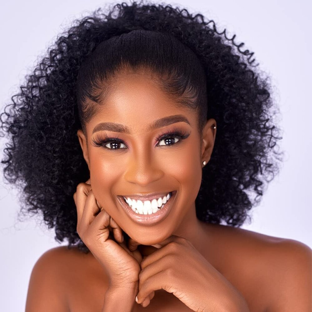 CECINILL Afro Puff kinky curly Drawstring Ponytail Extension for Black Women Synthetic Short Afro Kinkys Curly Afro Bun Extension Hairpieces Updo Hair Extensions with Two Clips(1B)