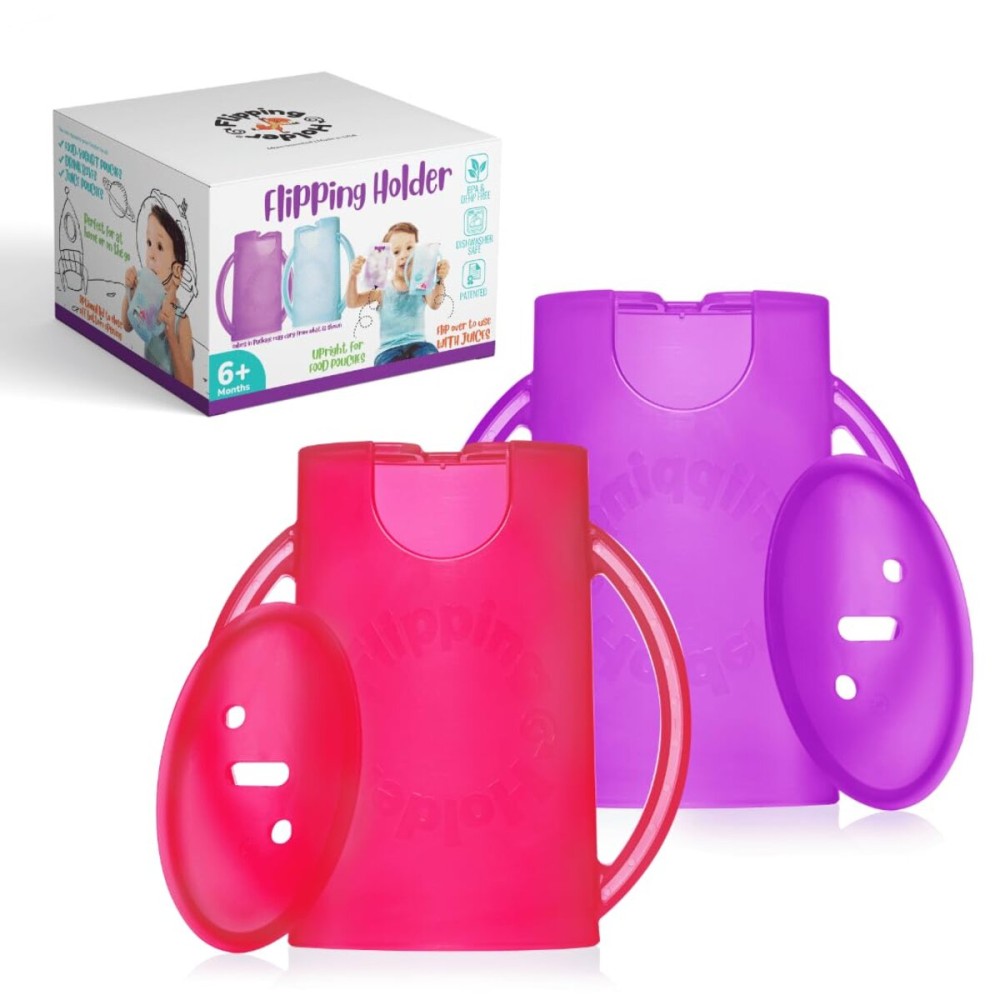 Flipping Holder Squeeze Proof Food Pouch Holder for Toddlers, Babies, Kids, Mess Free No Squeeze Juice Box Drink and Applesauce Snack Holder with Easy Grip Handles and Lid