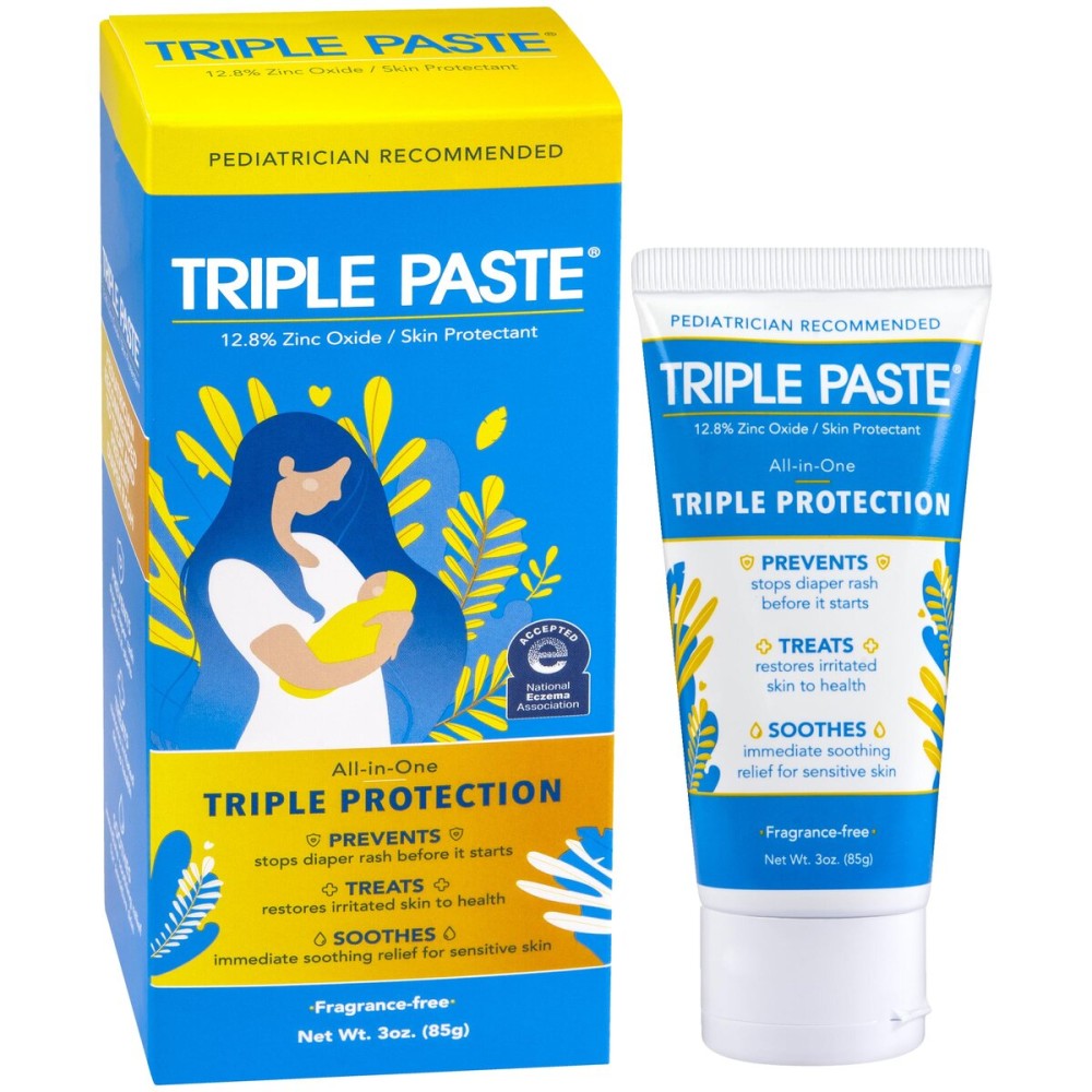 Triple Paste Diaper Rash Cream for Baby - 3 oz Tube - Zinc Oxide Ointment Treats, Soothes & Prevents Diaper Rash, Pediatrician-Recommended Hypoallergenic Formula, Baby Essentials for Daily & Overnight