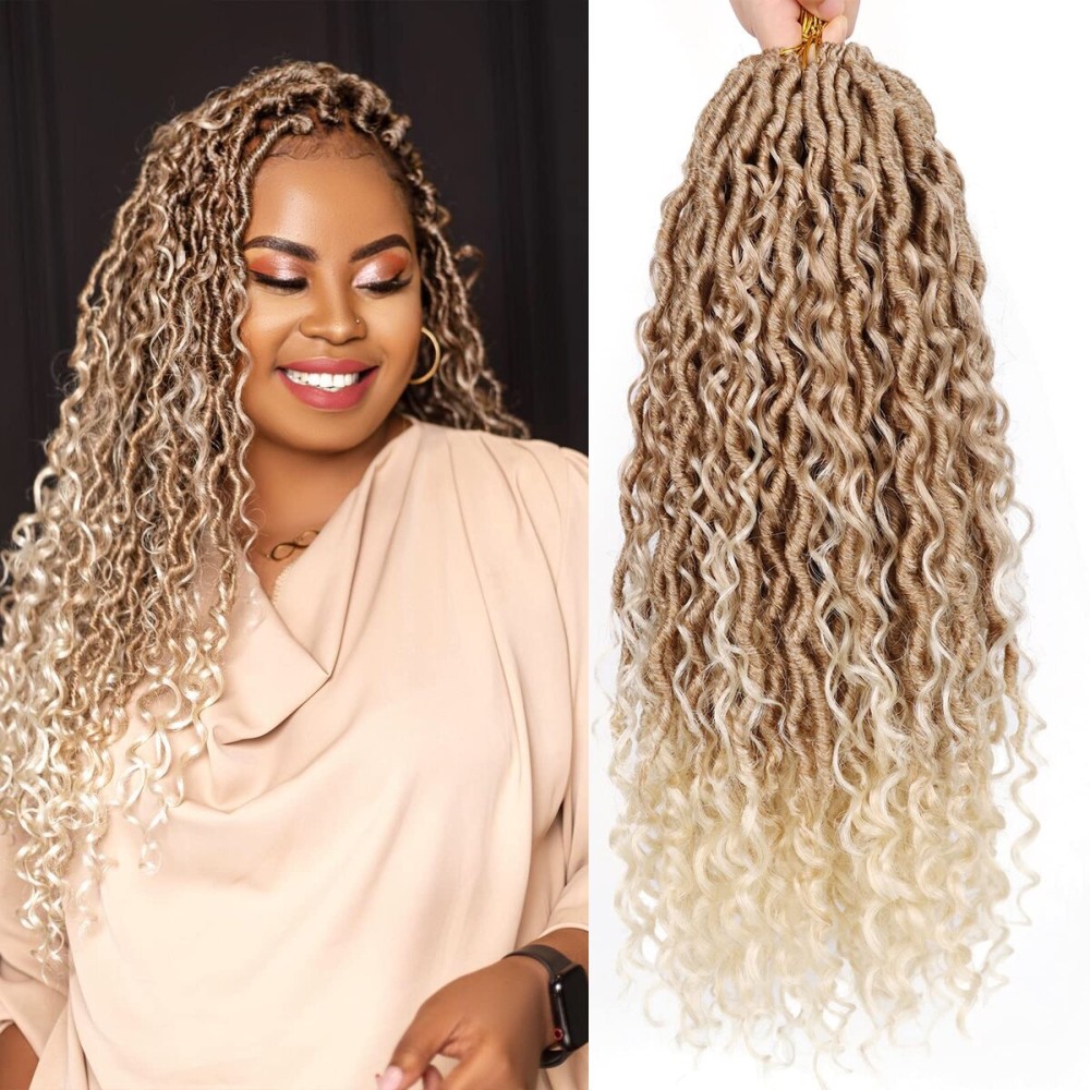 Aeagoo Goddess Locs Crochet Hair 18 Inch 7 Packs Faux Locs Crochet Hair for Black Women Pre Looped Blonde Goddess Locs Crochet Braids with Curly Ends (18 Inch, 7 Packs, 27/613)
