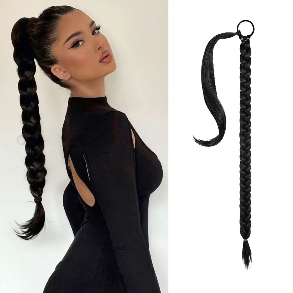 SEIKEA Long DIY Braided Ponytail Extension with Hair Tie Straight Wrap Around Hair Extensions Ponytail Natural Soft Synthetic Hair Piece Black 20 Inch (After Braided 16 Inch)