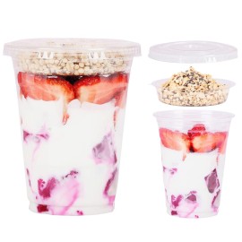 16 oz Clear Plastic Parfait Cups with Insert 4oz & Flat Lids No Hole - (50 Sets) Yogurt Fruit Parfait Cups for Kids, for Dips and Veggies, Take Away Breakfast and Snacks. No Leaking