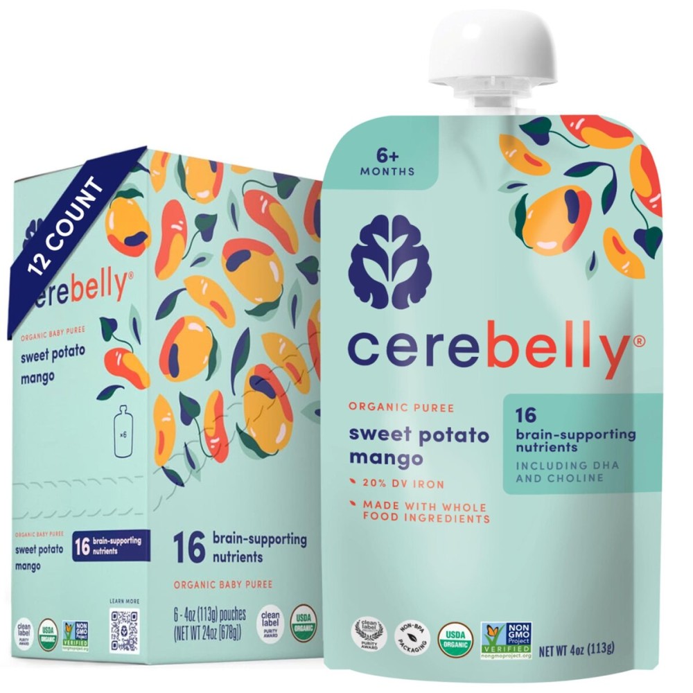 Cerebelly Organic Baby Food Pouches, Sweet Potato Mango Purees, 16 Nutrients, No Added Sugar, Fiber & Non-GMO, 4oz, 12 Pack