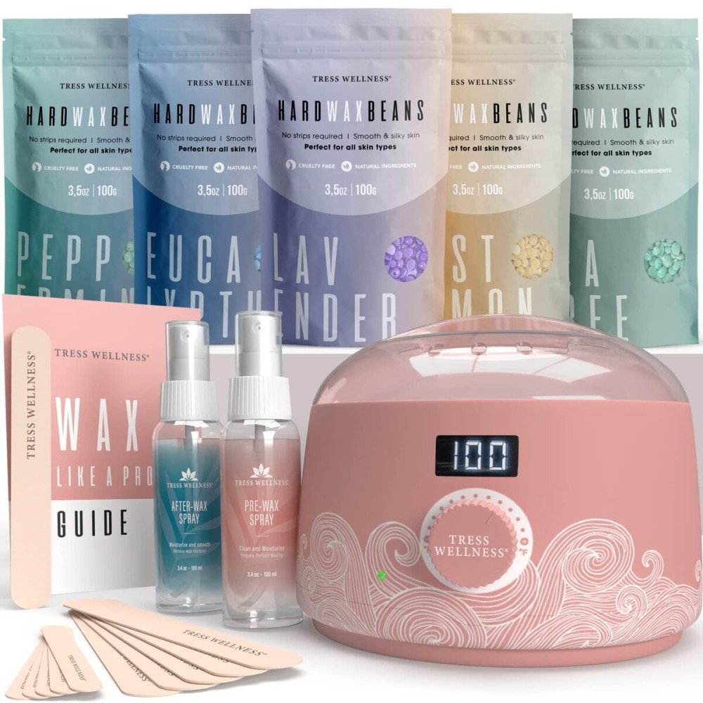 Tress Wellness Waxing Kit for Sensitive Skin - Safe for Face & Skin, Prep & Aftercare Spray, Easy to Use - At-Home Kit for Face, Bikini, Brazilian & Full Body - Digital Display, Dusty Pink Air