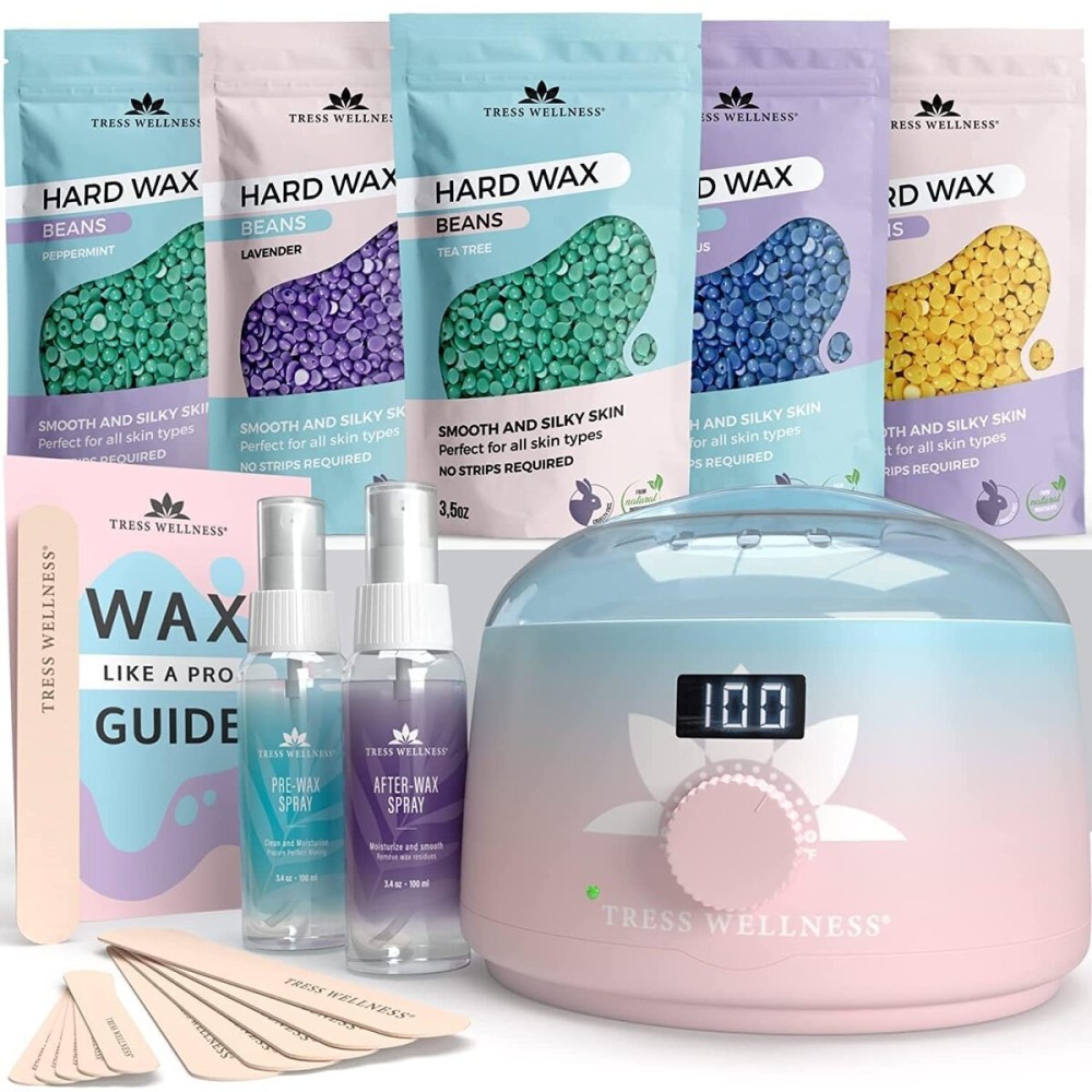 Tress Wellness Waxing Kit for Sensitive Skin - Safe for Face & Skin, Prep & Aftercare Spray, Easy to Use - At-Home Kit for Face, Bikini, Brazilian & Full Body - Digital Display, Pink to Teal
