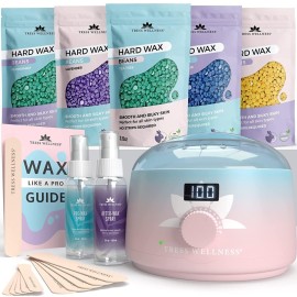 Tress Wellness Waxing Kit for Sensitive Skin - Safe for Face & Skin, Prep & Aftercare Spray, Easy to Use - At-Home Kit for Face, Bikini, Brazilian & Full Body - Digital Display, Pink to Teal