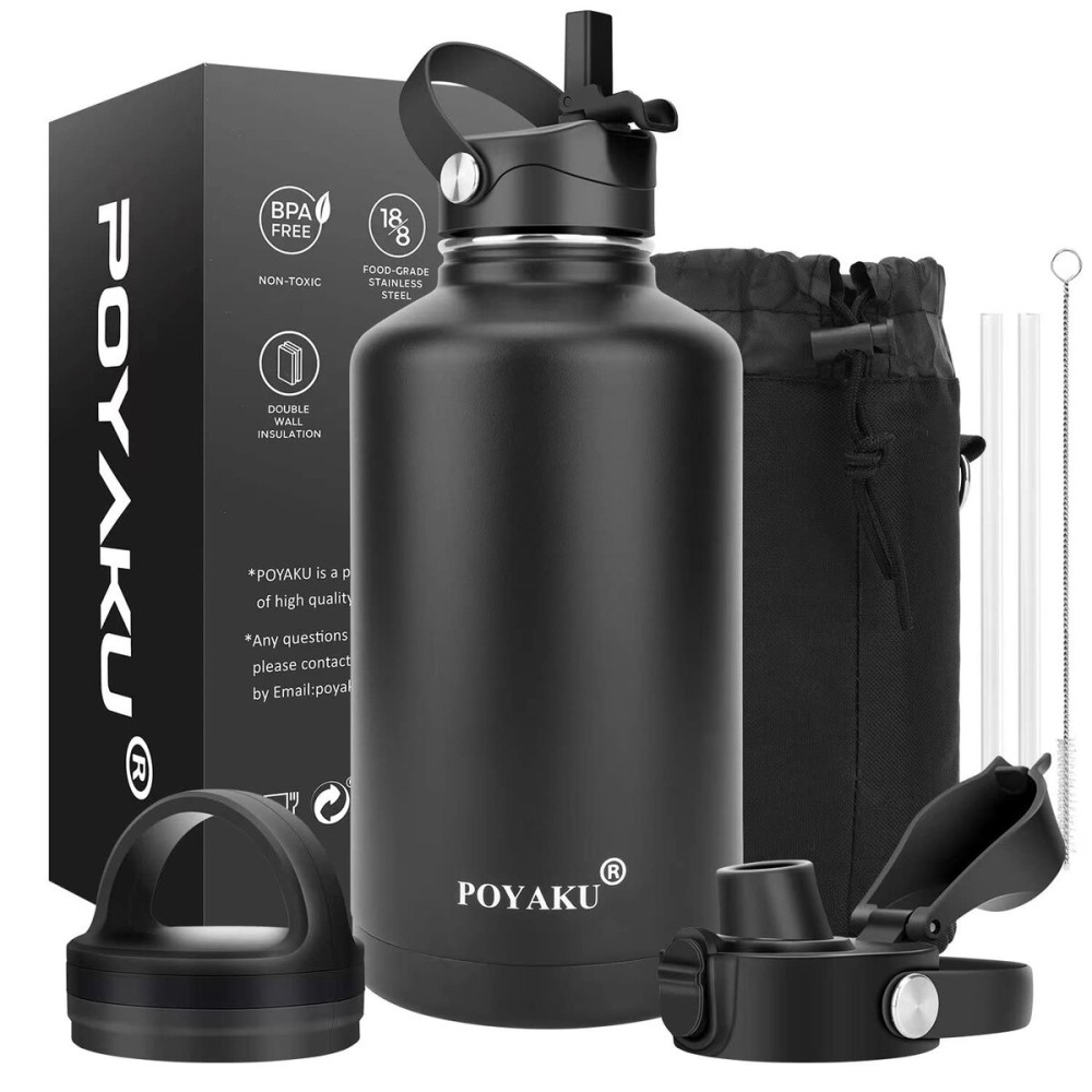 Water Bottle Insulated 32oz 40oz 64oz 128oz Straw Lid Spout Lid & 3 Lids, Leak Proof, Vacuum Insulated,Stainless Steel Water Bottle Wide Mouth for Sports, Gym or Office (64oz Magic Black, 64 oz)