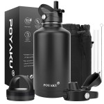 Water Bottle Insulated 32oz 40oz 64oz 128oz Straw Lid Spout Lid & 3 Lids, Leak Proof, Vacuum Insulated,Stainless Steel Water Bottle Wide Mouth for Sports, Gym or Office (64oz Magic Black, 64 oz)