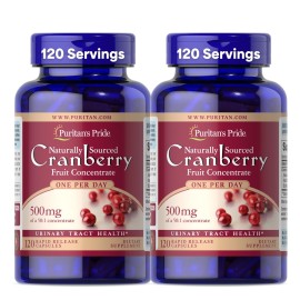Puritan\'s Pride Naturally Sourced Cranberry One Per Day Fruit Concentrate 500mg, 50:1 Dietary Supplement for Urinary Tract Support, 4 Month Supply, 120 Rapid Release Capsules, 2 Pack
