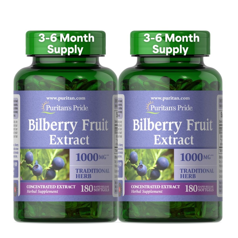 Puritan\'s Pride Premium Bilberry Fruit Extract 250 mg (1000mg equivalent), 4:1 Concentrated Traditional Herbal Supplement, Vitamin C, 3 to 6 Month Supply, 180 Rapid Release Softgels 2-Pack